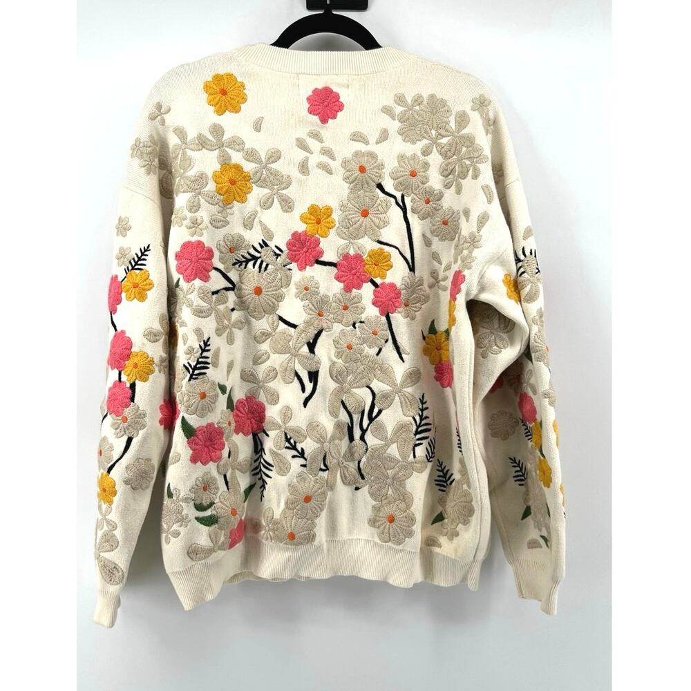 YITAI Songbird Floral Embroidered Crewneck Sweatshirt Size S Cream Heavyweight - Picture 2 of 10